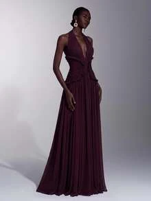 Elitara Elegant Burgundy Mesh Halter Deep V Neck Ruched Pleated A-Line Floor Length Evening Gown Gala Dinner Dress Women Fall Graduation New Year Christmas - Dark Purple - View 6