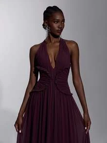 Elitara Elegant Burgundy Mesh Halter Deep V Neck Ruched Pleated A-Line Floor Length Evening Gown Gala Dinner Dress Women Fall Graduation New Year Christmas - Dark Purple - View 2