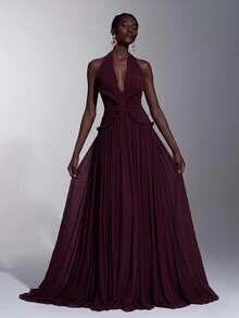 Elitara Elegant Burgundy Mesh Halter Deep V Neck Ruched Pleated A-Line Floor Length Evening Gown Gala Dinner Dress Women Fall Graduation New Year Christmas - Dark Purple - View 3