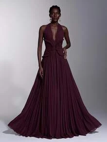 Elitara Elegant Burgundy Mesh Halter Deep V Neck Ruched Pleated A-Line Floor Length Evening Gown Gala Dinner Dress Women Fall Graduation New Year Christmas - Dark Purple - View 7