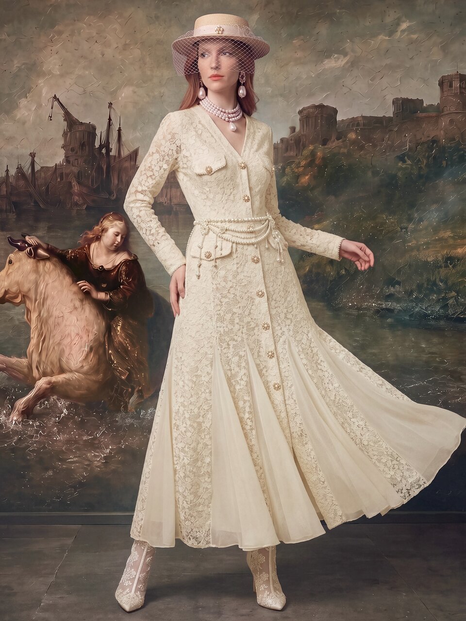 Anewsta Women's V-Neck White Lace Mermaid Hem Waist Midi Dress, Long Sleeve Fairy Wedding Dinner Formal Fall/Winter Vintage Elegant Romantic Old Money
