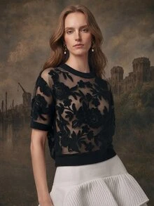 Anewsta Women's Autumn Floral Mesh Round Neck Short Sleeve Knit Top Spring For Women - Black - View 3