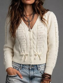 SHEIN LUNE Women's Solid Color Hollow Cable Knit V-Neck Bow Tie Waist-Cinching Vintage Versatile Gentle Style Cardigan - Apricot - View 6