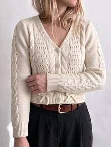 SHEIN LUNE Women's Solid Color Hollow Cable Knit V-Neck Bow Tie Waist-Cinching Vintage Versatile Gentle Style Cardigan - Apricot - View 1