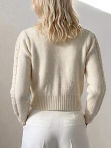 SHEIN LUNE Women's Solid Color Hollow Cable Knit V-Neck Bow Tie Waist-Cinching Vintage Versatile Gentle Style Cardigan - Apricot - View 3