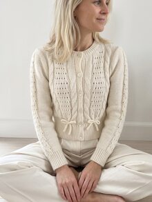 SHEIN LUNE Women's Solid Color Hollow Cable Knit V-Neck Bow Tie Waist-Cinching Vintage Versatile Gentle Style Cardigan - Apricot - View 5