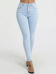 SHEIN SXY 休闲水洗修身牛仔裤 - 淺色水洗藍 - 查看 12