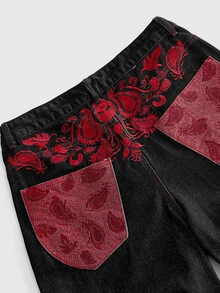 ROMWE MEN Men's Embroidered Pattern Loose Fit Denim Jeans - Black - View 5