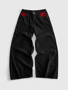 ROMWE MEN Men's Embroidered Pattern Loose Fit Denim Jeans - Black - View 4