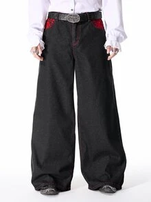 ROMWE MEN Men's Embroidered Pattern Loose Fit Denim Jeans - Black - View 3