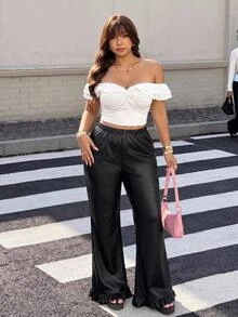 Muchica Plus Size Women Solid Color Casual Versatile Everyday Travel Long Pants Fall - Black - View 4