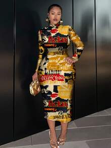 Slaydiva Vintage Poster Graphic Casual Minimalist Plus Size Long Sleeve Bodycon Dress, Suitable For Party Fall - Multicolor - View 6