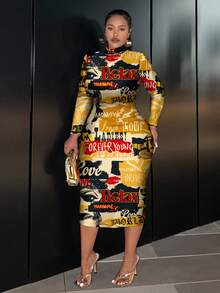 Slaydiva Vintage Poster Graphic Casual Minimalist Plus Size Long Sleeve Bodycon Dress, Suitable For Party Fall - Multicolor - View 2