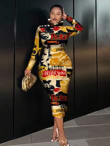 Slaydiva Vintage Poster Graphic Casual Minimalist Plus Size Long Sleeve Bodycon Dress, Suitable For Party Fall - Multicolor - View 4