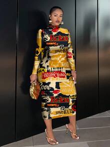 Slaydiva Vintage Poster Graphic Casual Minimalist Plus Size Long Sleeve Bodycon Dress, Suitable For Party Fall - Multicolor - View 5