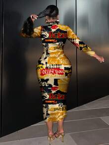 Slaydiva Vintage Poster Graphic Casual Minimalist Plus Size Long Sleeve Bodycon Dress, Suitable For Party Fall - Multicolor - View 3