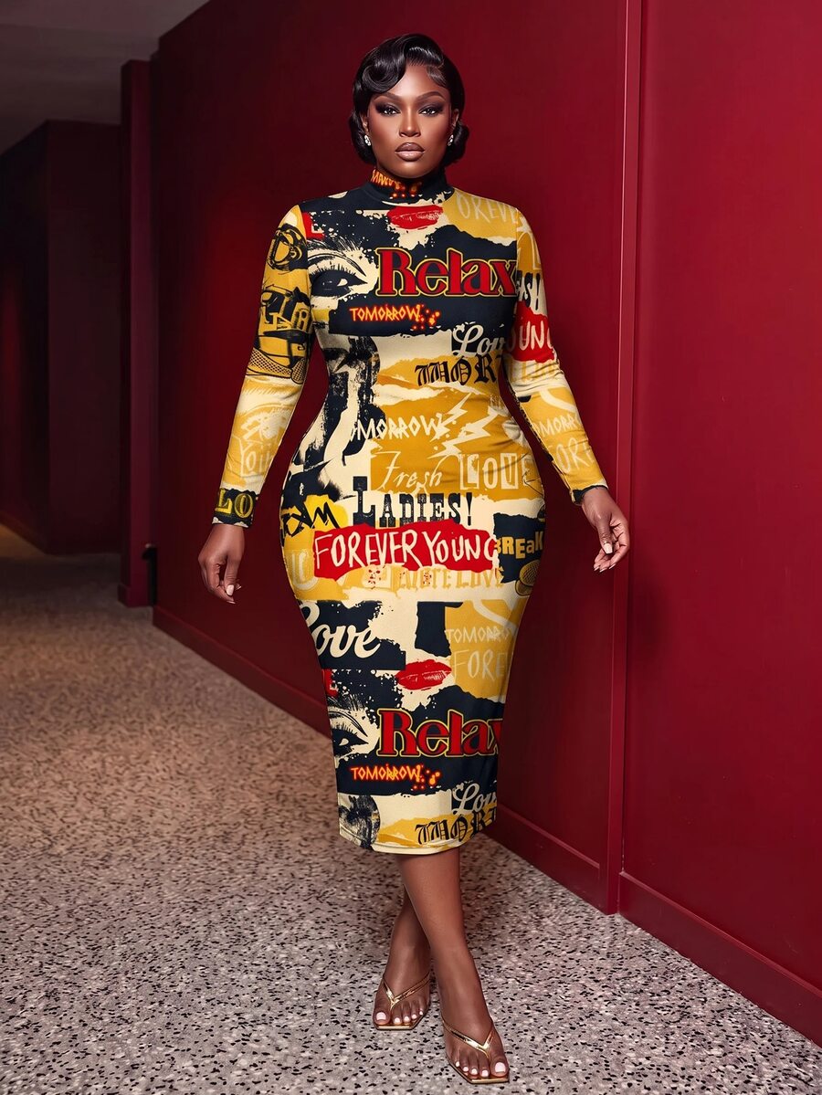 Slaydiva Vintage Poster Graphic Casual Minimalist Plus Size Long Sleeve Bodycon Dress, Suitable For Party Fall - Multicolor - View 1