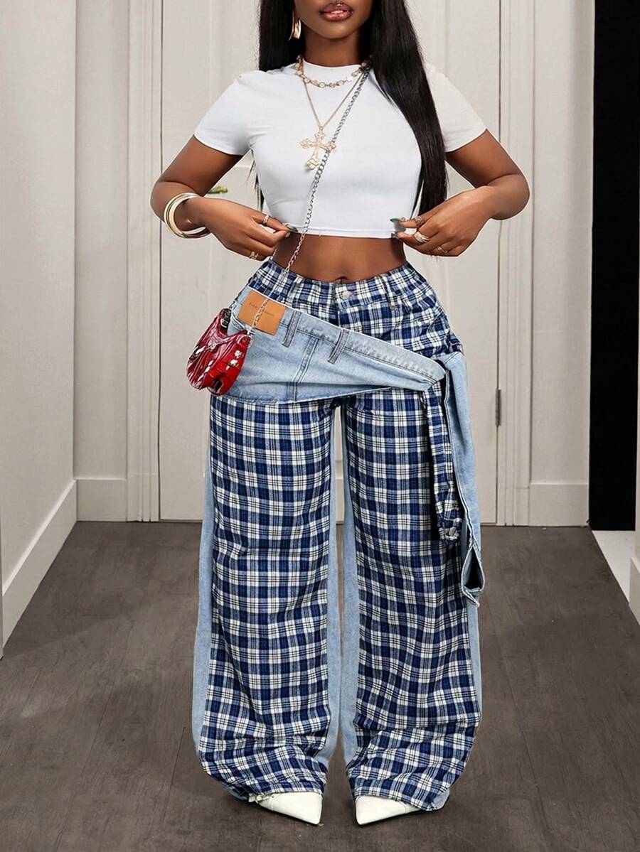 Slaydiva Plus Size Women Plaid Casual Versatile Daily Wear Wide Leg Jeans - Blue - View 1