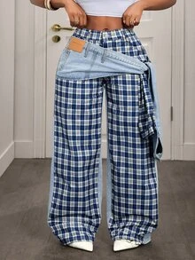 Slaydiva Plus Size Women Plaid Casual Versatile Daily Wear Wide Leg Jeans - Blue - View 5