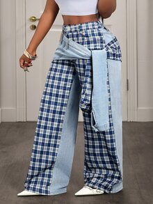 Slaydiva Plus Size Women Plaid Casual Versatile Daily Wear Wide Leg Jeans - Blue - View 3