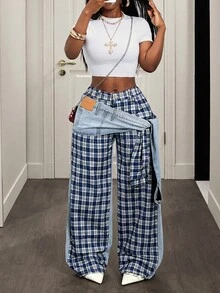 Slaydiva Plus Size Women Plaid Casual Versatile Daily Wear Wide Leg Jeans - Blue - View 6