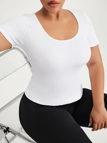 SHEIN Sports Plus Size Seamless Sports Set, Short Sleeve Top And Leggings - Multicolor - View 2