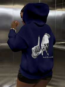 Slaydiva LA Casual Back Hand Graphic Sweatshirt Sweatshirt, Loose Fit, Thick Fabric, Warm And Casual Fall/Winter - Navy Blue - View 3