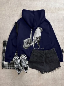 Slaydiva LA Casual Back Hand Graphic Sweatshirt Sweatshirt, Loose Fit, Thick Fabric, Warm And Casual Fall/Winter - Navy Blue - View 4