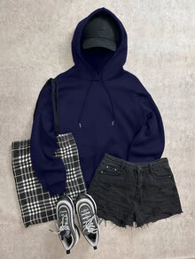 Slaydiva LA Casual Back Hand Graphic Sweatshirt Sweatshirt, Loose Fit, Thick Fabric, Warm And Casual Fall/Winter - Navy Blue - View 5