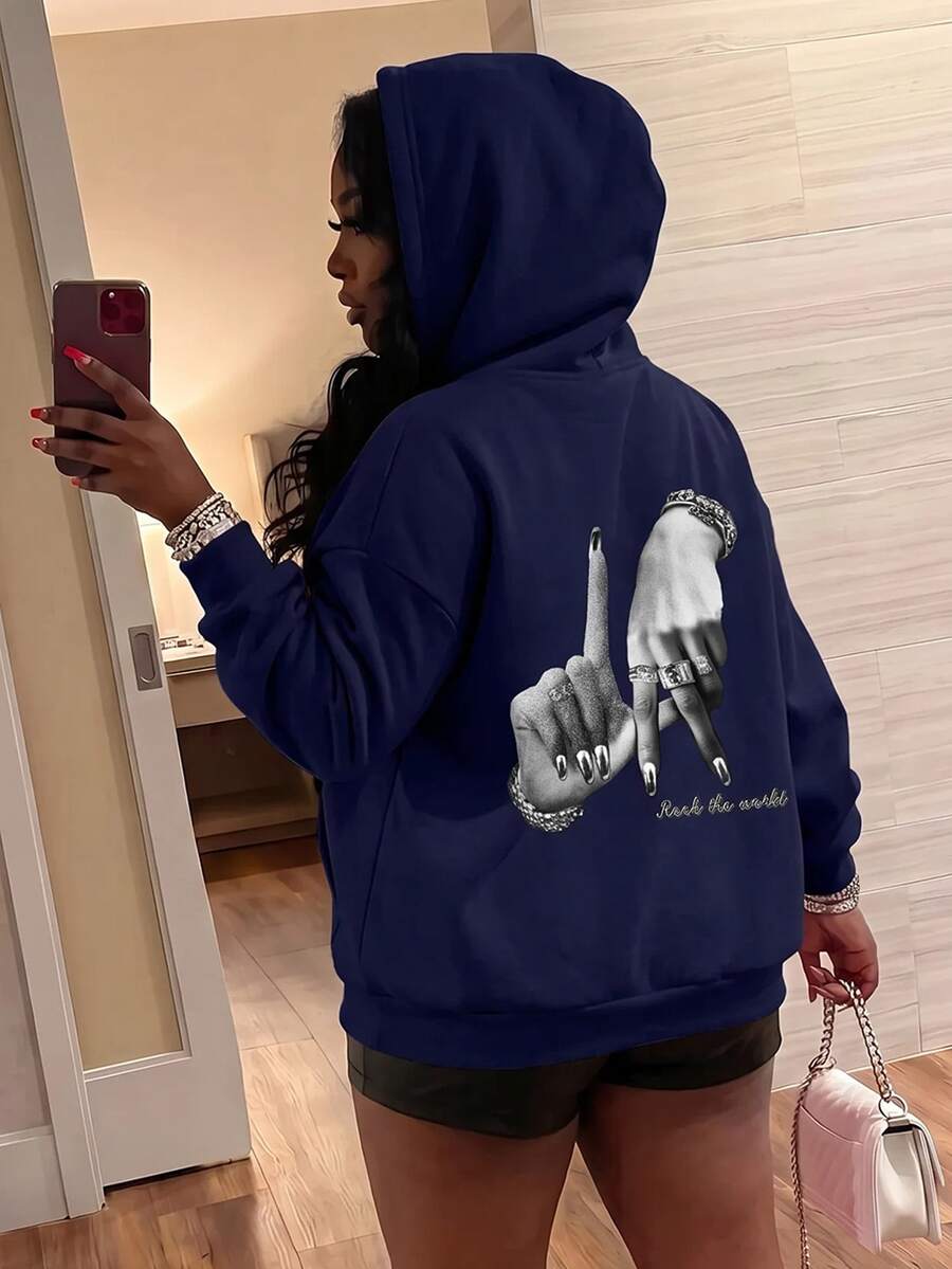 Slaydiva LA Casual Back Hand Graphic Sweatshirt Sweatshirt, Loose Fit, Thick Fabric, Warm And Casual Fall/Winter