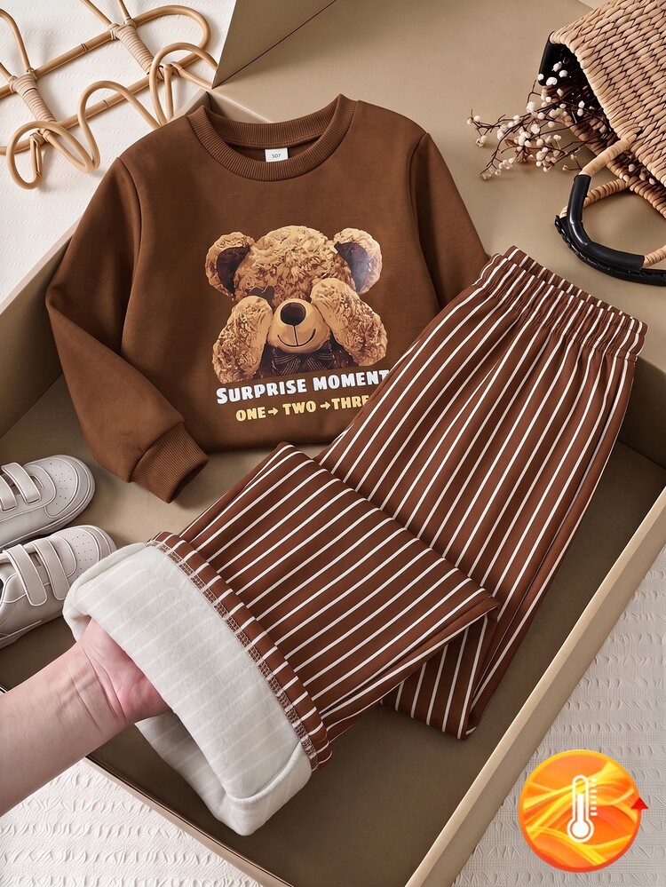 SHEIN Tween Girls T-Shirt Co-Ords, Fall Winter, Casual, Sleeve, Neck, Pants, Round, Outfit, Top, Leg, Style, Cute, Daily, Print, Wide, Bow, Loose, Long, Fit - Brown - View 4