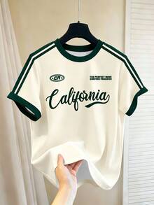 Manfinity Hypemode Men's Retro American California Letter Print Contrast Color Tape Raglan Sleeve Loose Fit Round Neck T-Shirt, Summer, Holiday - Multicolor - View 1