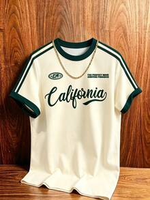 Manfinity Hypemode Men's Retro American California Letter Print Contrast Color Tape Raglan Sleeve Loose Fit Round Neck T-Shirt, Summer, Holiday - Multicolor - View 3