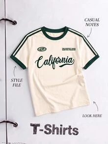 Manfinity Hypemode Men's Retro American California Letter Print Contrast Color Tape Raglan Sleeve Loose Fit Round Neck T-Shirt, Summer, Holiday - Multicolor - View 8