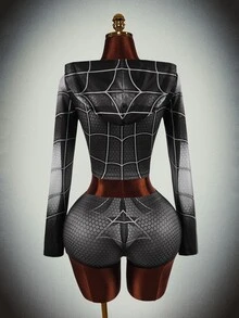 Amplova Contrast Color Clown Halloween Black White Red Striped Zipper Women's Mini Tight Two Pieces Set - Red - View 9