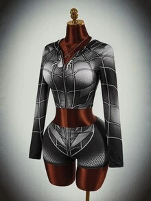 Amplova Contrast Color Clown Halloween Black White Red Striped Zipper Women's Mini Tight Two Pieces Set - Red - View 12