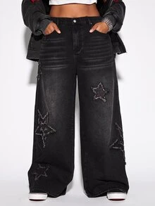 ROMWE Grunge Punk Punk Street Style Plus Size Women's Jeans, Star Patchwork Design Wide Leg Vintage Distressed Denim Pants - Black - View 1