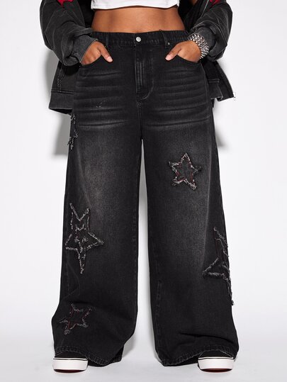 Grunge Punk Jeans da donna taglie forti stile punk street, design patchwork a stelle, pantaloni in denim vintage con gamba ampia e effetto consumato