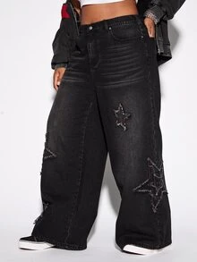 ROMWE Grunge Punk Punk Street Style Plus Size Women's Jeans, Star Patchwork Design Wide Leg Vintage Distressed Denim Pants - Black - View 6