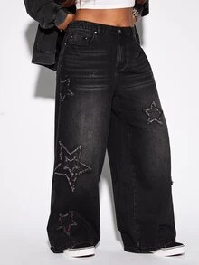 ROMWE Grunge Punk Punk Street Style Plus Size Women's Jeans, Star Patchwork Design Wide Leg Vintage Distressed Denim Pants - Black - View 7
