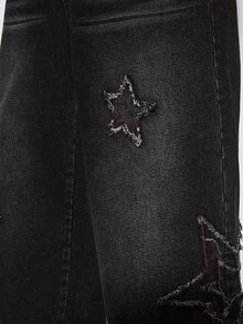 ROMWE Grunge Punk Punk Street Style Plus Size Women's Jeans, Star Patchwork Design Wide Leg Vintage Distressed Denim Pants - Black - View 4