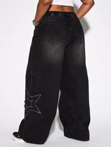 ROMWE Grunge Punk Punk Street Style Plus Size Women's Jeans, Star Patchwork Design Wide Leg Vintage Distressed Denim Pants - Black - View 2