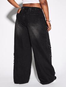 ROMWE Grunge Punk Punk Street Style Plus Size Women's Jeans, Star Patchwork Design Wide Leg Vintage Distressed Denim Pants - Black - View 5