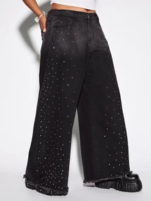 ROMWE Street Life Street Style Plus Size Women's Denim Curved Leg Pants With All-Over Rhinestone Decor, Wide Leg Silhouette Y2K Denim Jeans - Black - View 6