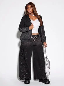 ROMWE Street Life Street Style Plus Size Women's Denim Curved Leg Pants With All-Over Rhinestone Decor, Wide Leg Silhouette Y2K Denim Jeans - Black - View 4