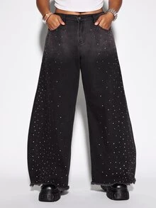 ROMWE Street Life Street Style Plus Size Women's Denim Curved Leg Pants With All-Over Rhinestone Decor, Wide Leg Silhouette Y2K Denim Jeans - Black - View 1