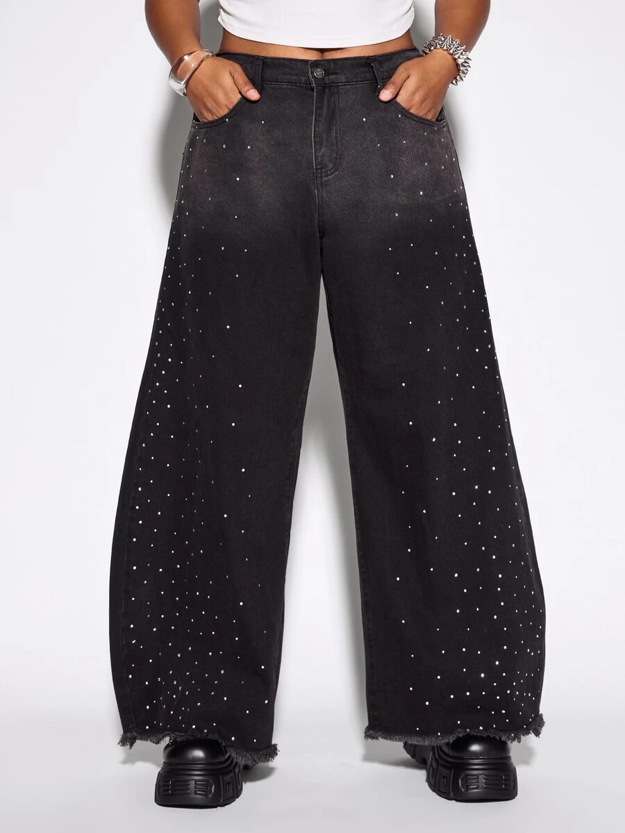 ROMWE Street Life Street Style Plus Size Women's Denim Curved Leg Pants With All-Over Rhinestone Decor, Wide Leg Silhouette Y2K Denim Jeans - Black - View 1