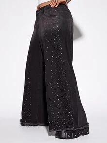 ROMWE Street Life Street Style Plus Size Women's Denim Curved Leg Pants With All-Over Rhinestone Decor, Wide Leg Silhouette Y2K Denim Jeans - Black - View 7