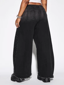 ROMWE Street Life Street Style Plus Size Women's Denim Curved Leg Pants With All-Over Rhinestone Decor, Wide Leg Silhouette Y2K Denim Jeans - Black - View 8