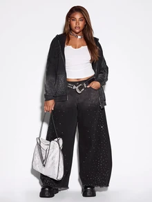 ROMWE Street Life Street Style Plus Size Women's Denim Curved Leg Pants With All-Over Rhinestone Decor, Wide Leg Silhouette Y2K Denim Jeans - Black - View 3